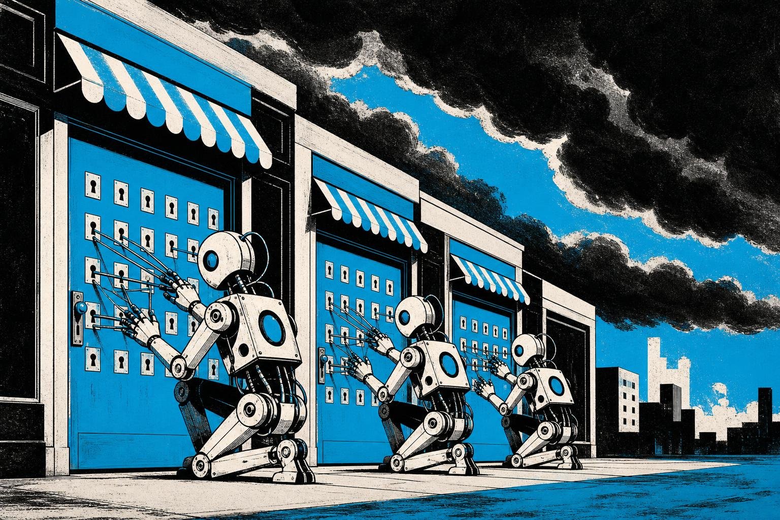 Three mechanical puppets with glowing cores systematically pick locks on shop doors, each testing thousands of keyholes simultaneously while storm clouds gather overhead.