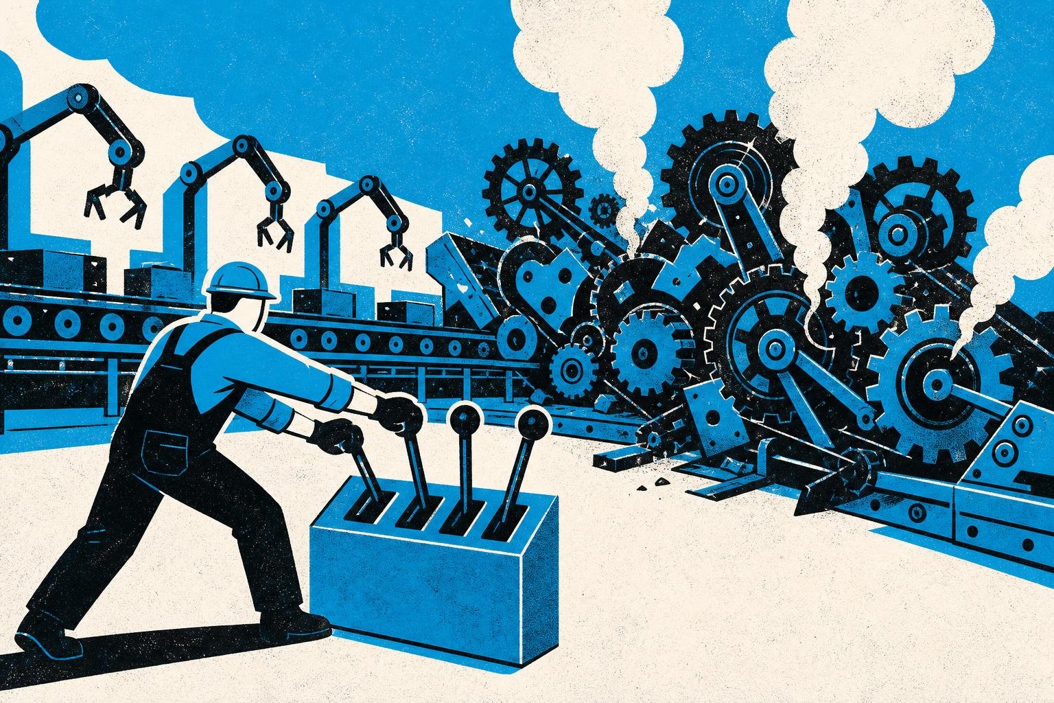 A factory worker pulls three different levers simultaneously, causing the entire assembly line to jam and grind to a halt while frozen gears smoke.