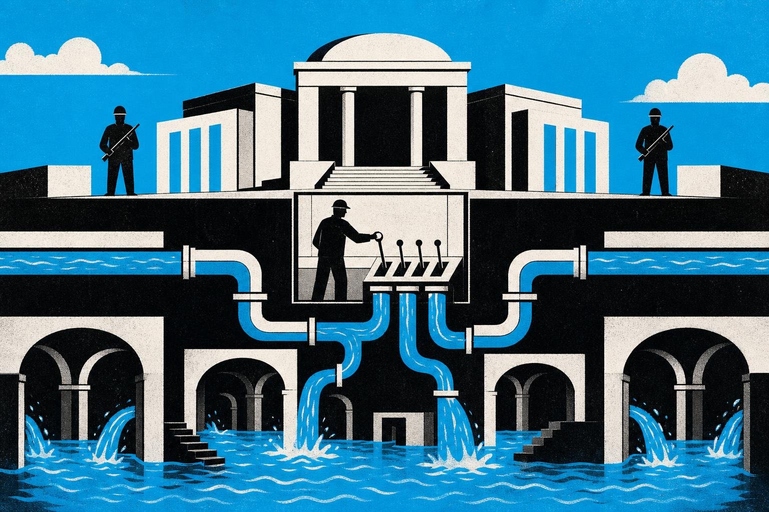 A figure at a control panel redirects flowing water pipes inward, flooding the building's hidden basement chambers while guards watch helplessly from above.