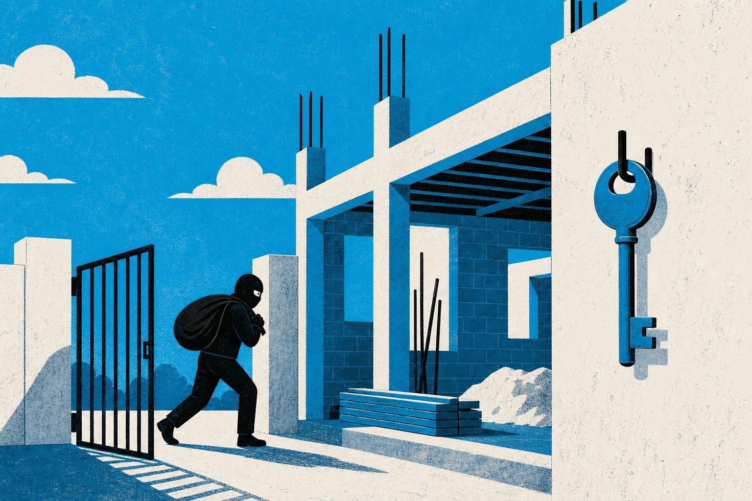 A thief slips through an unlocked gate, stepping into another person's partially-built structure, while a master key hangs openly on the wall.