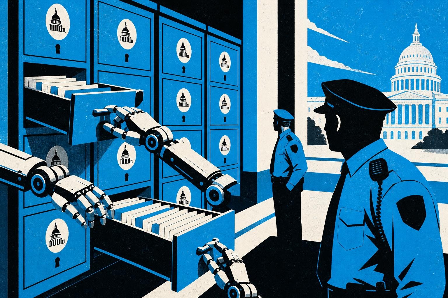 Robotic fingers methodically opening locked government filing cabinets while security guards slowly turn their heads, realizing what's happening too late.