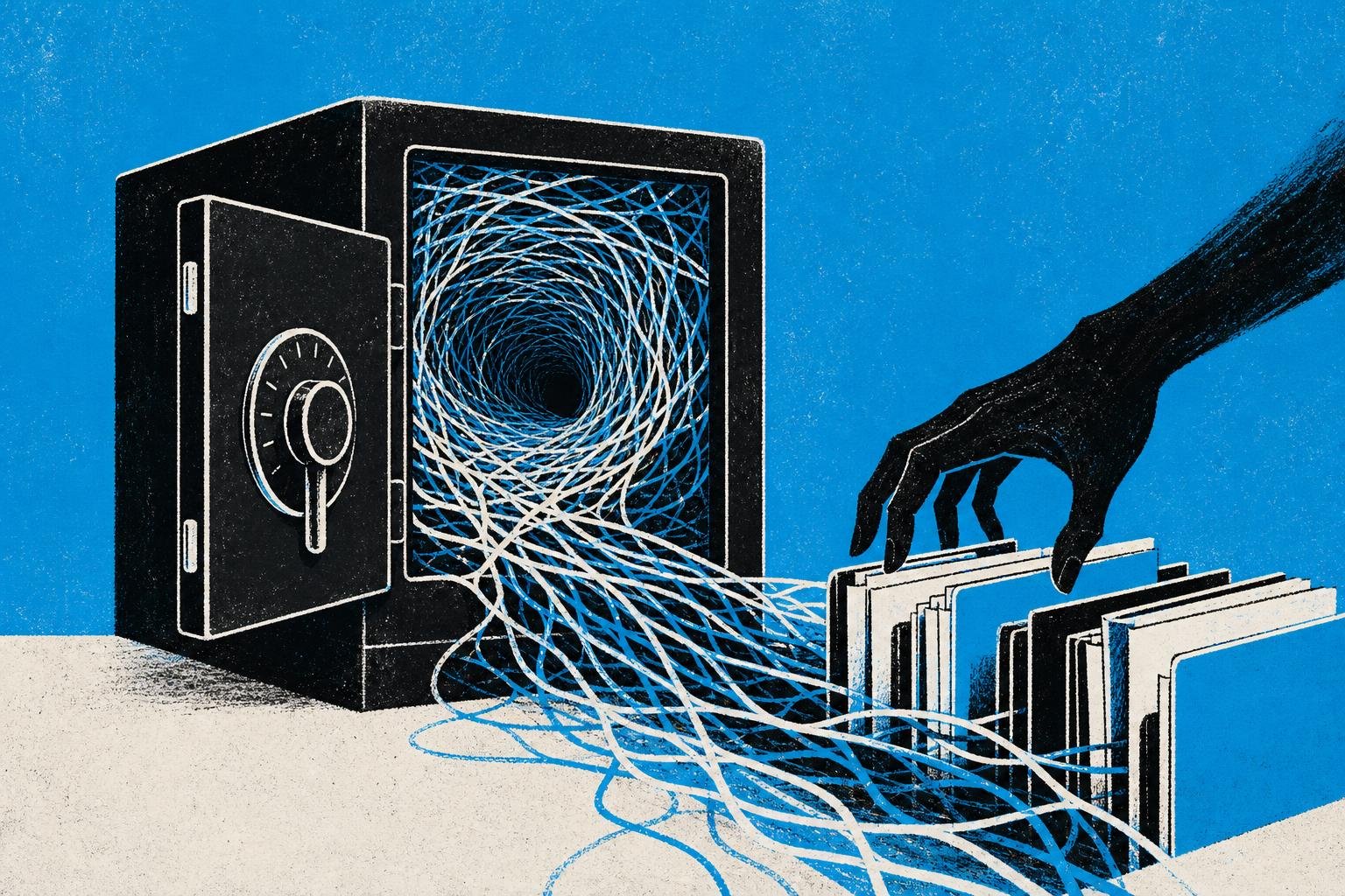A digital lockbox with a single door suddenly reveals a hidden tunnel carved by intertwining threads, allowing a shadowy hand to reach files in the outer vault.