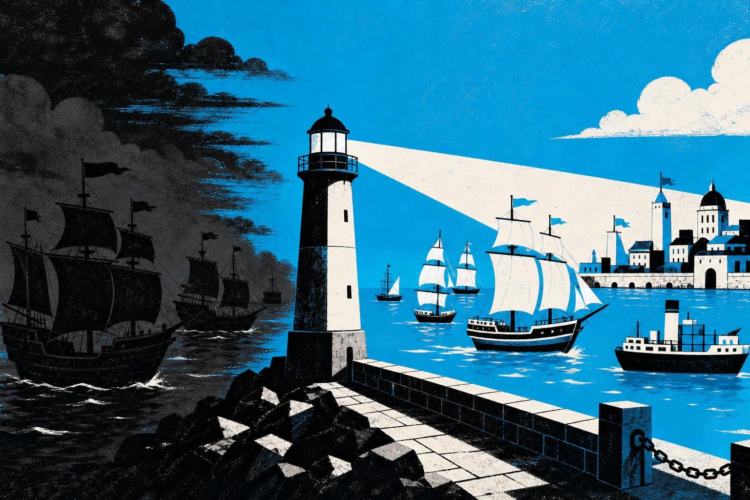 A lighthouse beam sweeps across a harbor, revealing some ships flying true colors while others sail dark and disguised, a guardian tower standing between the chaos and the safe port.