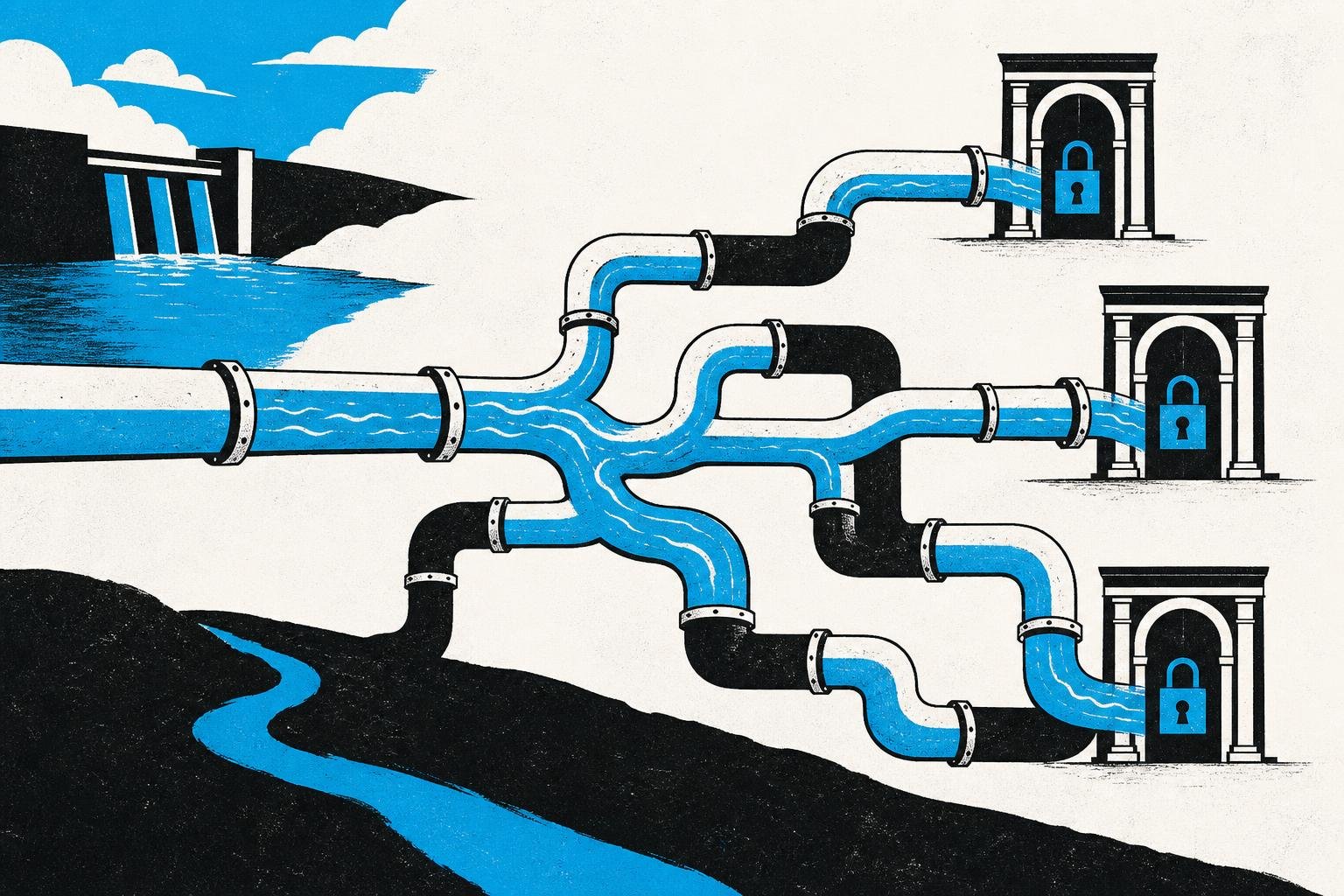 A network of pipes suddenly branches at unmarked junctions, with water streams diverted down unexpected passages toward locked administrative chambers instead of their intended destinations.