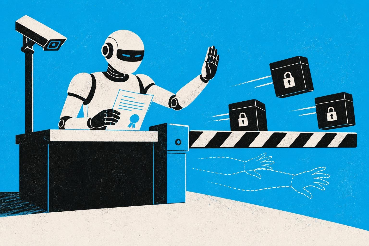 A robot's gatekeeper nods at forged documents, waving through locked boxes marked "denied" as invisible hands slip past the barrier unnoticed.