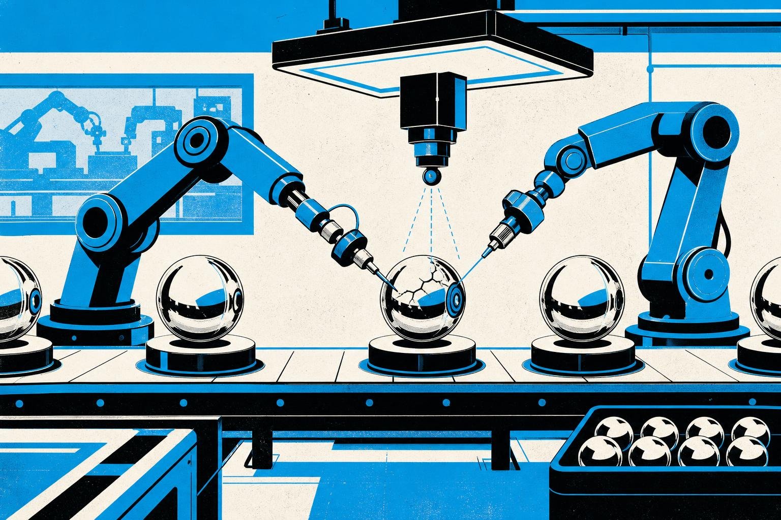 A gleaming inspection station with robotic arms testing identical metal spheres, systematically probing for hidden cracks, loose seals, and unauthorized modifications with precision instruments.