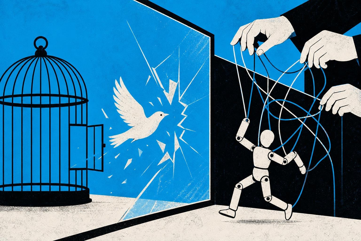 A bird escapes its cage through a crack in the glass while simultaneously a puppeteer's strings tangle, allowing hidden hands to control the marionette from outside.