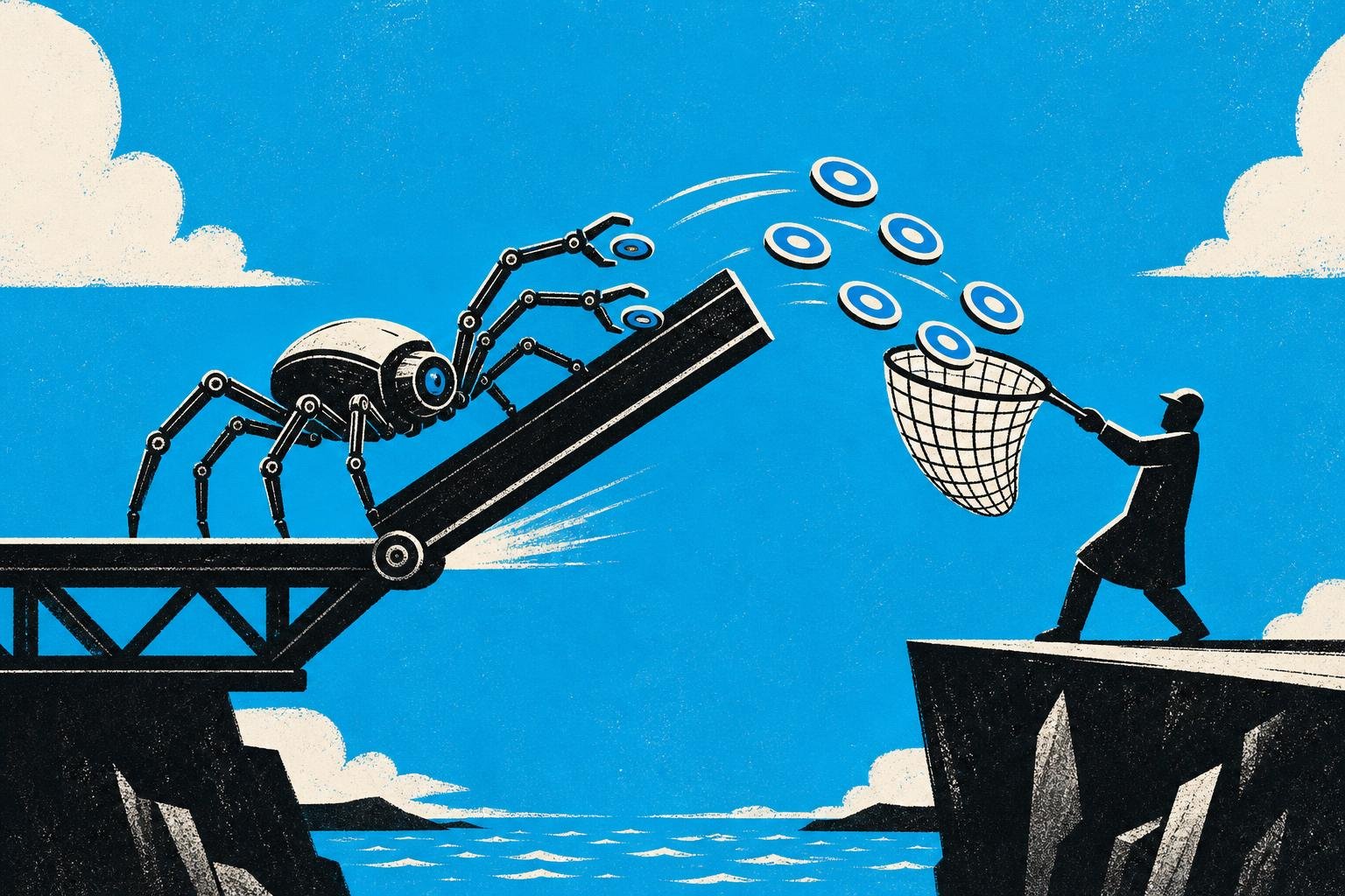 A mechanical spider carrying glowing tokens in its legs crawls across a bridge that suddenly pivots sideways, flinging the tokens into a stranger's waiting net.