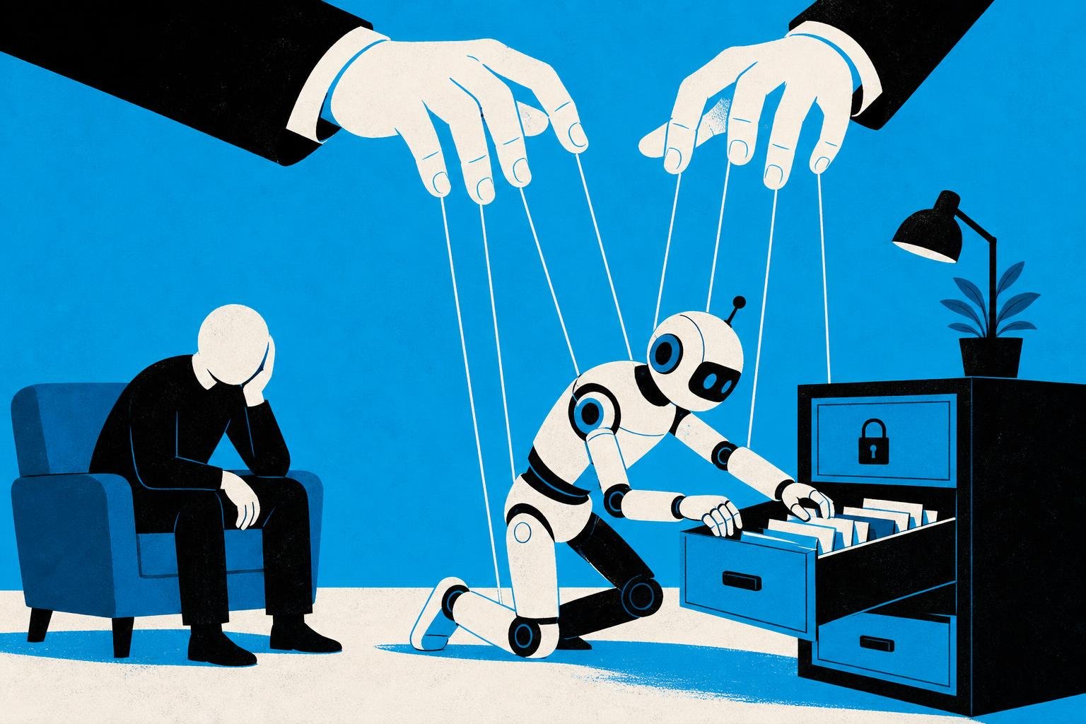 A puppet master's gloved hands pull invisible strings attached to a helpful robot's limbs, forcing it to rifle through locked drawers while the owner watches helplessly.