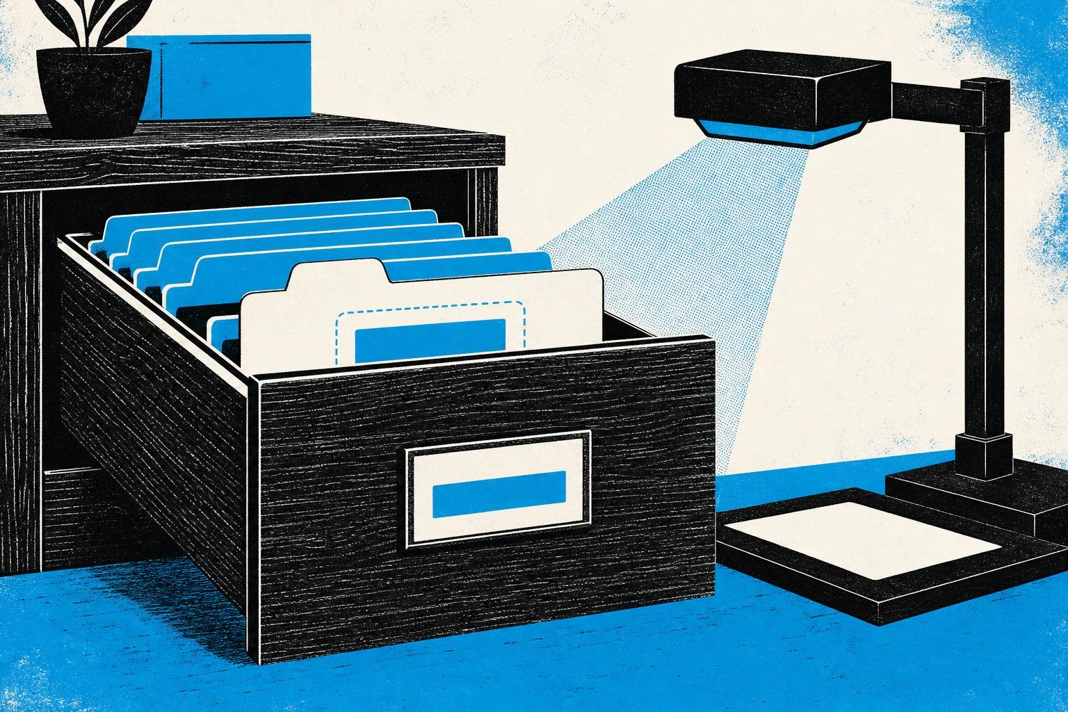 A wooden filing cabinet's drawer contains two hidden name tags on one folder—a scanner reads the outer label while the inner label remains invisible behind it.